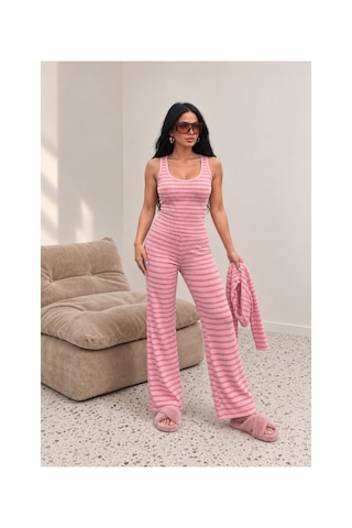 Evoa Kadın Pembe 3'lü Çizgili Atletli Ve Bolerolu Pijama Takım