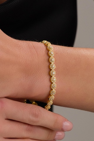 Gümüş Gold Altın Kaplama Yuvarlak Beyaz Zirkon Taşlı Pırlanta Modeli Rodyumlu Su Yolu Bileklik Gold