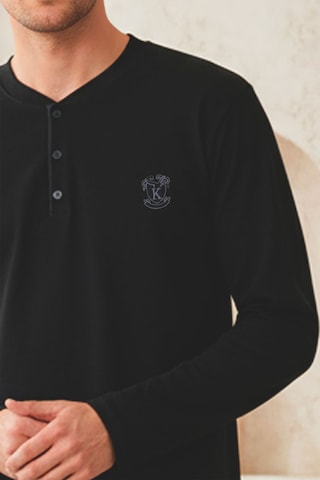 Kompedan Erkek Uzun Kollu 4 Mevsim Penye Süprem Önü Patlı Pijama Takımı Siyah 801 Siyah