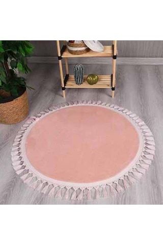 Modern Dekoratif Yuvarlak Puffy Peluş Ponpon Saçaklı Salon Oturma Odası Halısı Pembe