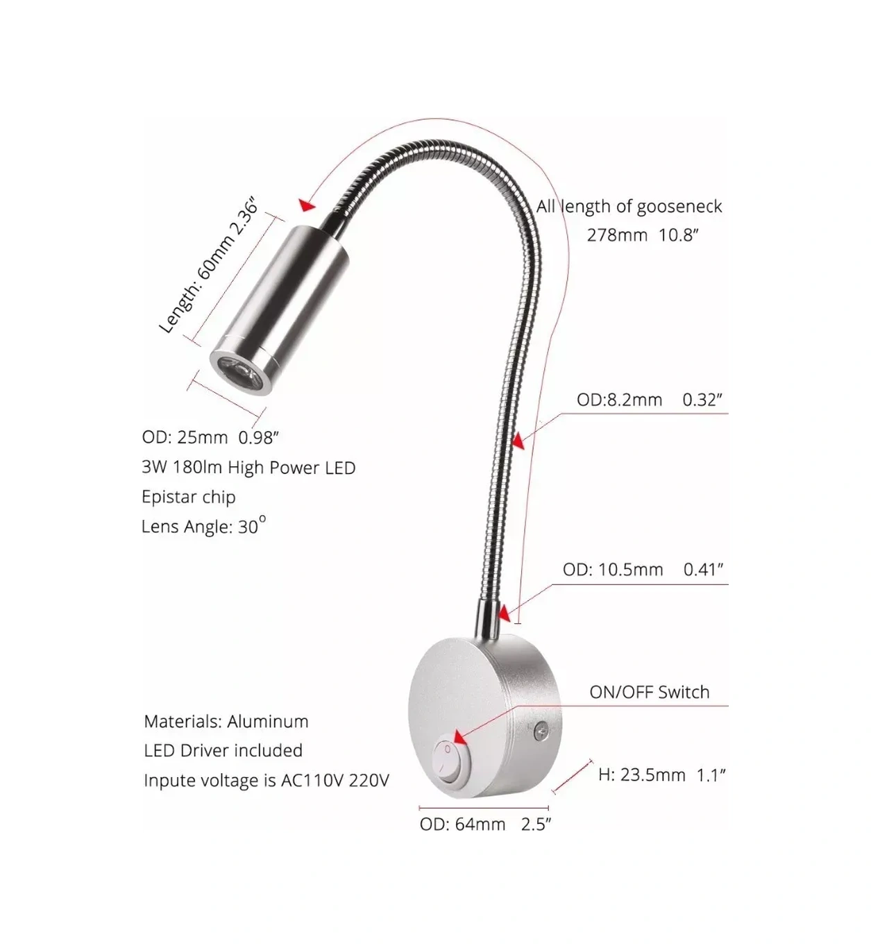 Kosona Alüminyum Gölgelikli 3w Led Duvar Lambası - Esnek Açık/kapat Anahtarı 7.5cm Çap X 29cm Yükseklik Siyah