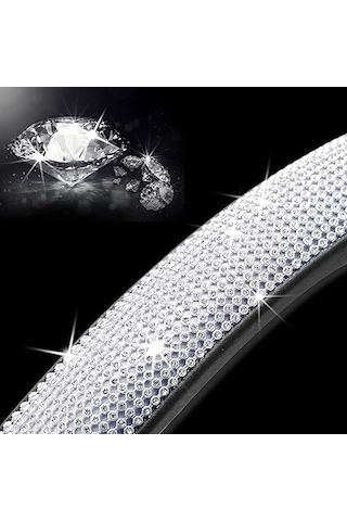 Beyaz Kristal Taşlı Lüks Direksiyon Kılıfı 36,8-38,1 Cm, Pu Deri, Kaymaz Ve Şık Tasarım Siyah