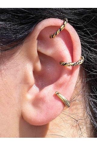 Vintage Antik 3'lü Deliksiz Ear Cuff Ayarlanabilir Kıkırdak Küpe Seti Eukk7 Sarı