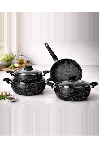 Granit Pro 7 Parça Granit Güveç Tencere Seti Siyah Bakalit Saplı - 20/24/26 Derin /26 Güveç Tava