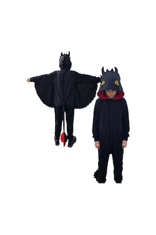 Dişsiz Ejderha Kostümü Siyah Ejderha Pijama Tulum Kostüm