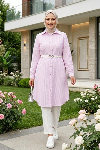 Hb Harma Time Butik Kadın Çizgi Desenli Kemerli Keten Pembe Gömlek Pembe Pembe