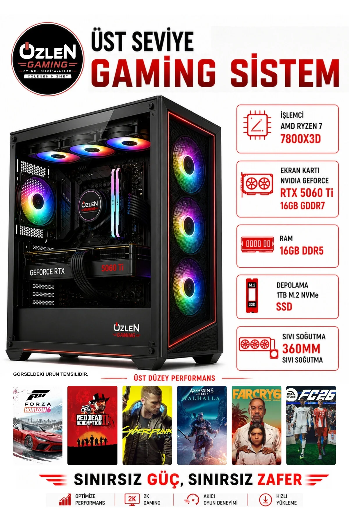 Özlen XL4 OZLN-AMD7-5060Tİ-16-1000 Reyzen 7 7800X3D 16 GB 1 TB SSD 16 GB RTX 5060Tİ W11P Masaüstü Oyuncu Bilgisayarı