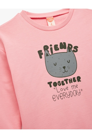 Koton Pamuklu Uzun Kollu Bisiklet Yaka Baskılı Sweatshirt Pembe 6wmg10099ak Gül