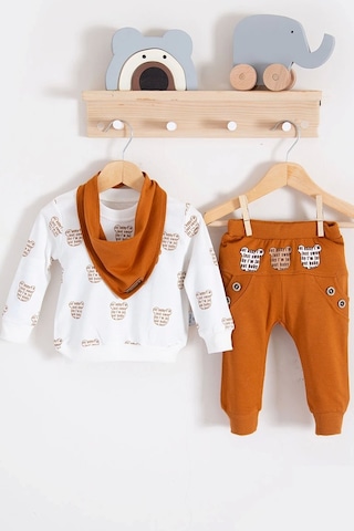 Fularlı Baby Desenli 3'lü Erkek Bebek Takım Turuncu