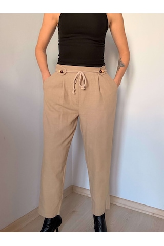 Ali Butik Vizon Boncuk Bağlama Detaylı Keten Pantolon Krem