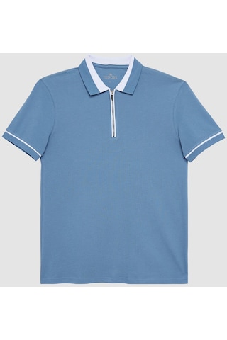 Tudors Erkek Slim Fit Dar Kesim %100 Pamuk Düz Pike Fermuarlı Mavi Polo Yaka Tişört-31112-mavi Mavi