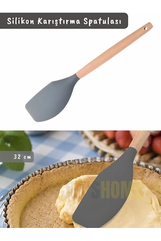 Silikon Karıştırma Spatulası Mutfak Kaşığı Pasta Spatulası Sıyırma Spatula Ahşap Saplı 32 Cm Gri