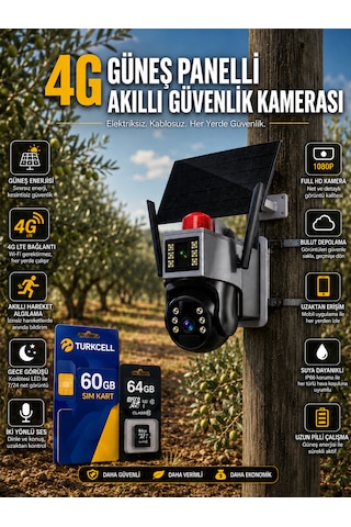 Güneş Panelli 4g Simkartlı Akıllı Kamera / 60gb Türkcell Hat+ 64 Gb Hafıza Kartı