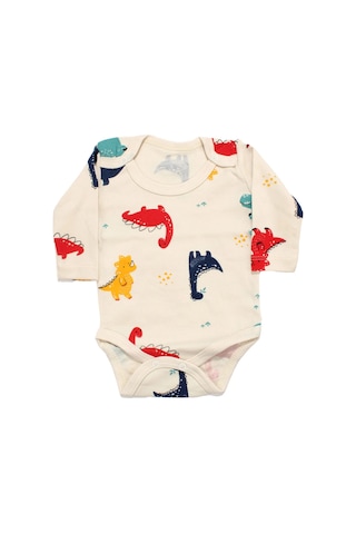Bebegen Erkek Bebek Bej Renkli Dino Baskılı Uzun Kollu Zıbın