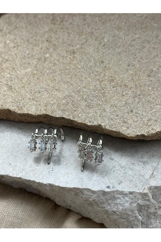 Gümüş Renkli Taşlı Çoklu Görüntülü Küpe Çok Renkli