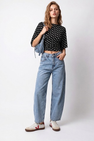 Mixray 2172 Kadın Yüksek Bel Geniş Paça Barrel Denim Pantolon Mavi