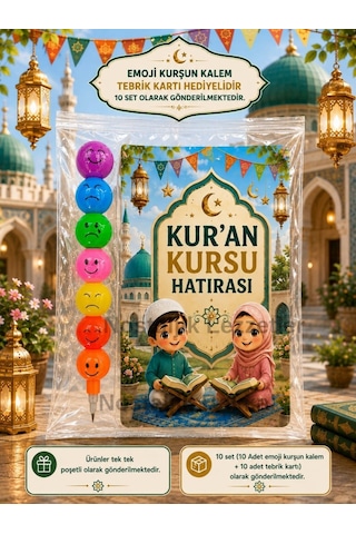 10 Adet Kur'an Kursu Hatırası Emoji Yumurtlayan Kurşun Kalem Tebrik Kartı Hediye Seti