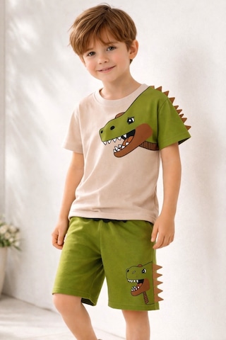 Beka Kids Erkek Çocuk Kısa Kollu Dinazor Baskılı Ve Keçeli Şort Ve Tişört Alt-üst İkili Takım Yeşil