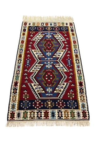 El Dokuma Sıfır Yahyalı Kilim 100x165 Kırmızı Mavi %100 Yün Kök Boya Mavi
