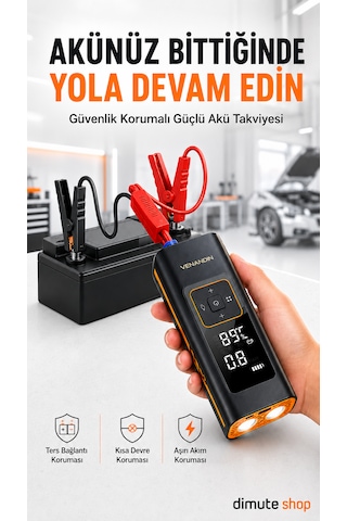 Inflamo Taşınabilir Akü Takviye Cihazı Powerbank Ve Kablosuz Hava Kompresörü 3 Ü 1 Arada