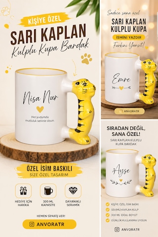 Kişiye Özel - Kaplan Kulplu Kupa Beyaz - Sarı