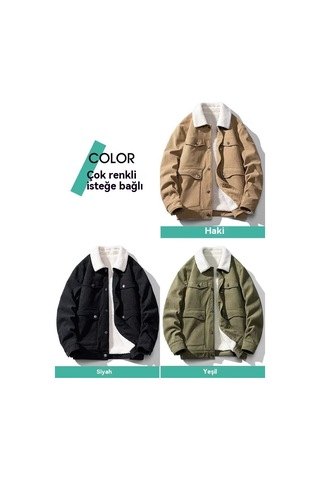 Erkekler İçin Şık Kuzu Derisi İş Ceketi Haki