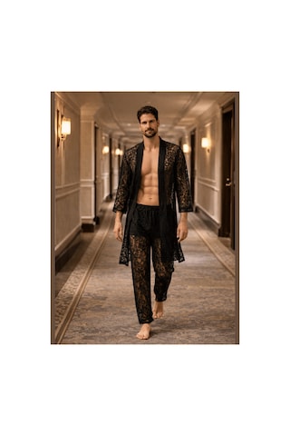 Qmen Style Erkek Kimono Takımı 3 Lü Dantel Set Bornoz + Pantolon + Şort Siyah