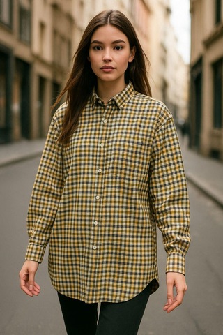 Kadın Sarı Oversize Ekoseli Gömlek Over Fit Relaxed Kareli Gömlek Çok Renkli