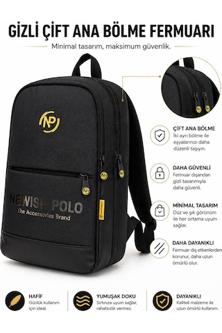 Newish Polo Unisex Minimal Sırt Çantası Laptop Bölmeli Şehir İçi Kullanım - New406 Siyah
