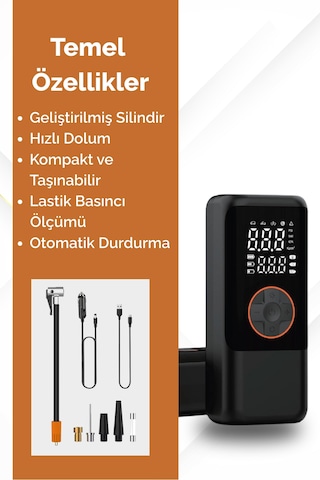 4500 Mah Şarjlı Taşınabilir Araba Lastik Hava Top Şişirme Pompası Led Işıklı Dijital Hava Kompresörü Siyah