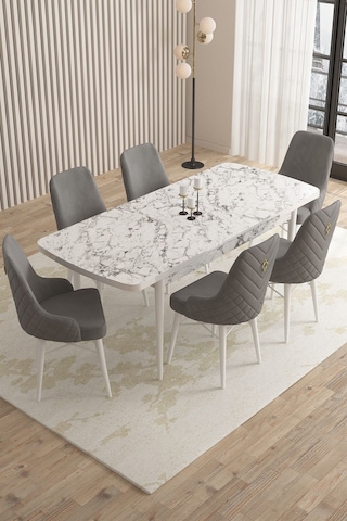Mazaka Beyaz Mermer 80x132açılabilir Mdf Masa Yemek Odası Takımı,mutfak Takımı 6 Adet Sandalye Gri