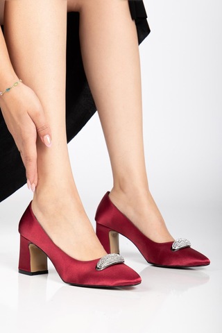 Kadın Siletto Topuklu Ayakkabı Bordo Saten Taşlı Kalın Topuklu-4169 Bordo
