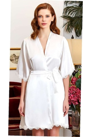 Jeremi 3212 Çeyizlik İpek Saten Bride Sabahlık - Krem Krem