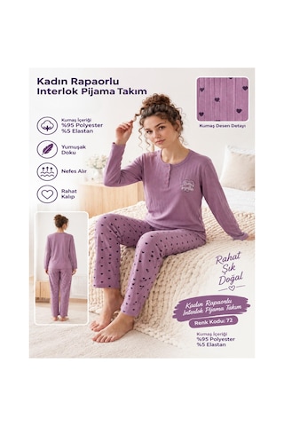 Boyraz Lindros Kadın Düğme Yaka Raporlu İnterlok Kışlık Pijama Takımı 02787 - 1 Adet Mor