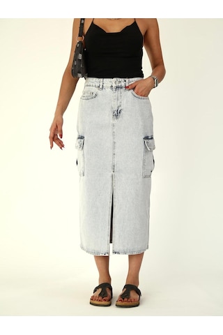 Zeo Basic Kargo Cep Detaylı Yırtmaçlı Maxi Denim Etek Mavi