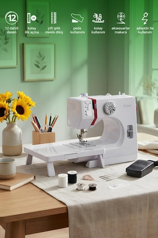 Kiwi Ksw-3072 Dikiş Makinesi 12 Desen & Çift İplik & Ayak Pedallı Beyaz