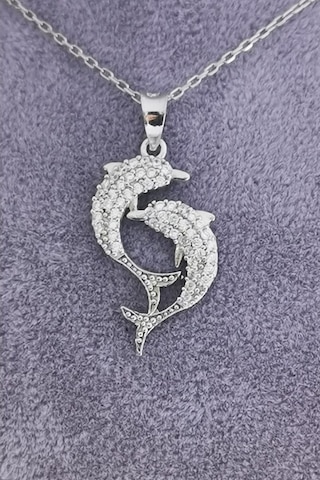 Omar Silver Kadın Çift Yunus Model Zirkon Taşlı Gümüş Kolye (513866973)