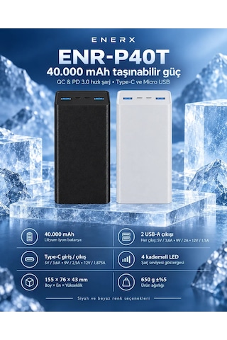 Enerx ENR-P40T 40.000 Mah 22.5 WATT LED Göstergeli Powerbank Siyah