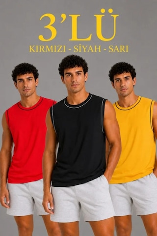 Efnaz Style Erkek 3 Lü Kolsuz Sporcu Atlet Seti Yazlık Bisiklet Yaka - Siyah, Kırmızı, Sarı Çok Renkli