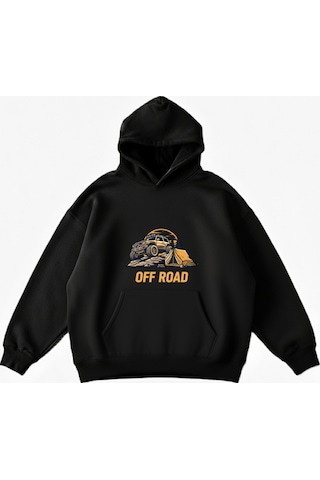 Maki Home Makiteks Siyah Pamuklu Unisex Cepli Kapüşonlu Rahat Kesim Off Road Baskılı Sweatshirt SiYAH