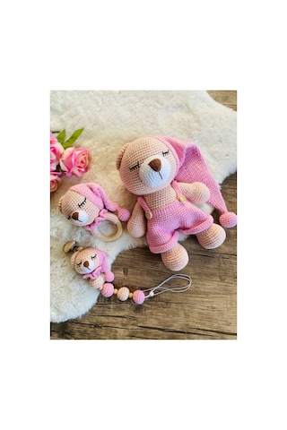 Adenya Sepeti Masala Ayıcık Set Pembe Renk Örgü Amigurumi Oyuncak + Diş Kaşıyıcı + Emzik Askısı