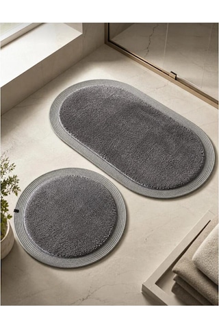 Kaymaz Taban Peluş Banyo Paspası Seti Siyah Rengi Jüt Kenar Detaylı 2'li Oval Yuvarlak 100x60 60x60