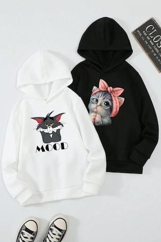2'li Paket Baskılı Erkek - Kız Çocuk Rahat Kalıp Sweatshirt Siyah