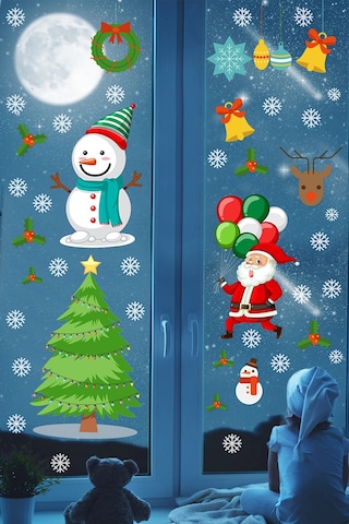 Yılbaşı Sticker Noel Baba Pencere Süsleri Ve Kar Taneleri Temalı Pencere Sticker