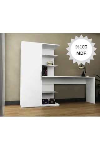 Mdf Narin Raflı Dolaplı Çalışma Masası Beyaz Dolap Solda 1 Beyaz