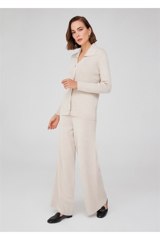 Peraluna Polo V Yaka Ribana Örgü Fit Kesim Kadın Triko Bluz Ekru