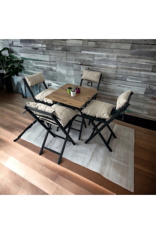 Modern Style Home Minderli Balkon Bahçe Mutfak Bistro Set Katlanır 4+1 Masa-sandalye Krem