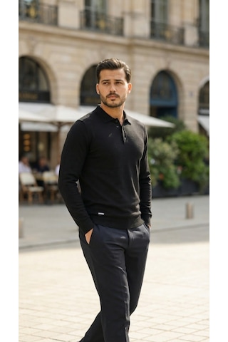 Suma Erkek Düğme Yakalı Triko - Siyah, 2xl Beden