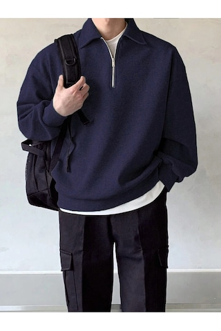 Genıus Store Erkek Polo Yaka Oversize Sweatshirt Yarım Fermuar Sweatshirt Oversıze-sweatshırt Lacivert