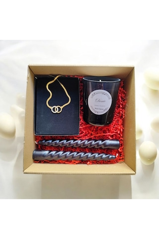 Denic Hediye Seti Kokulu Siyah Bardak Mum Halka Kolye Burgulu Mum